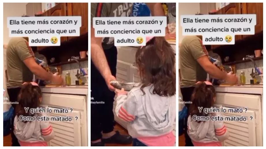 Inocente defiende el pescado que su papá alista para la cena 1 Inocente defiende el pescado que su papá alista para la cena En las redes sociales se ha hecho viral el video de una niña que le reclama al padre por el pescado que está preparando para la cena. A los internautas les llamó la atención cómo con su inocencia la pequeña demuestra su cariño por los animales, y entiende el daño que se le hizo al pescado.