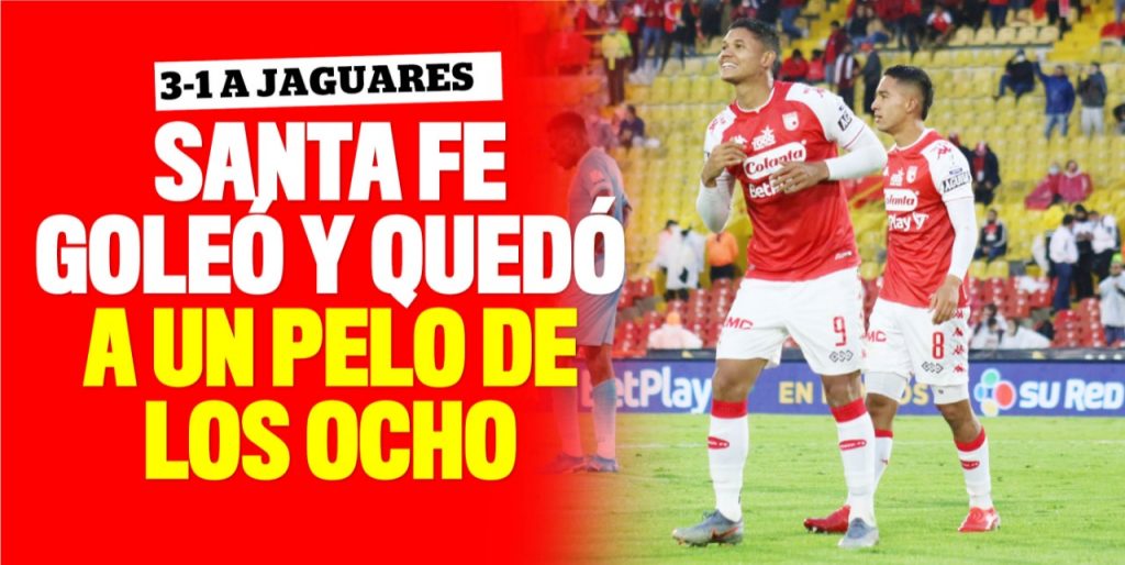 Santa Fe derrotó a Jaguares y quedó a un punto del octavo 3 Santa Fe derrotó a Jaguares y quedó a un punto del octavo Independiente Santa Fe acaba de conseguir una valiosa victoria por 3-1 contra Jaguares de Córdoba en el Estadio El Campín, por la jornada 16 de la Liga BetPlay, en un partido en el que los dirigidos por Grigori Méndez dieron un gran paso en su objetivo de meterse entre los ocho primeros.