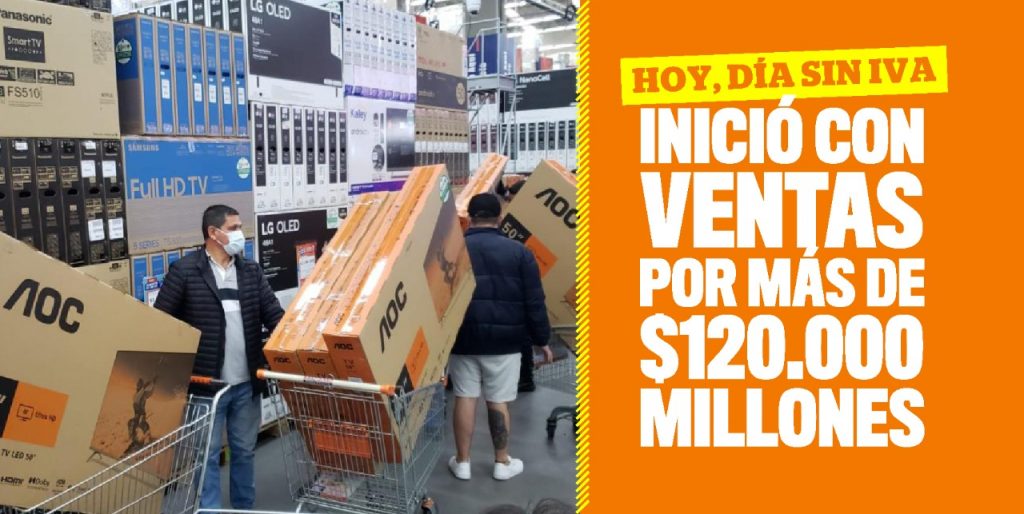 Transacciones electrónicas reportan ventas por $120 mil millones 5 Transacciones electrónicas reportan ventas por $120 mil millones Con éxito se cumple la primera jornada de los tres días sin IVA que dispuso el Gobierno Nacional, la cual arrancó desde la media noche y se extenderá a lo largo del día en el país para las ventas físicas y por internet.