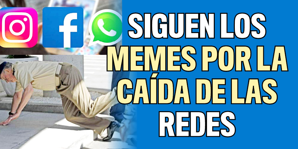 Los memes que han creado con la caída de las redes sociales Este lunes la caída de varias redes sociales, entre ellas Facebook, WhatsApp e Instagram, sorprendió a los internautas en todo el mundo. La situación que lleva más de seis horas, ha generado todo tipo de memes que circulan en Twitter, plataforma que a pesar de estar presentando algunos inconvenientes en algunos países, por fortuna para los cibernautas todavía funciona.