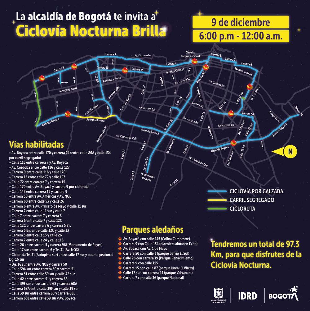 Aproveche esta noche los 97 km de la Ciclovía Nocturna 3 Aproveche esta noche los 97 km de la Ciclovía Nocturna Como parte de las actividades recreativas programadas por la Alcaldía de Bogotá para diciembre, hoy se celebrará una nueva jornada de la Ciclovía Nocturna, que va desde las 6 p. m. y finaliza a la medianoche.