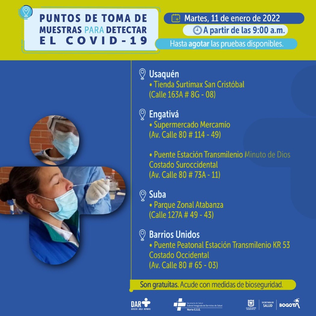 Puntos habilitados para hacerse la prueba COVID-19 este martes La Secretaría de Salud, para este martes 11 de enero, habilitó diferentes puntos donde la ciudadanía podrá realizarse la prueba PCR de manera gratuita y segura.