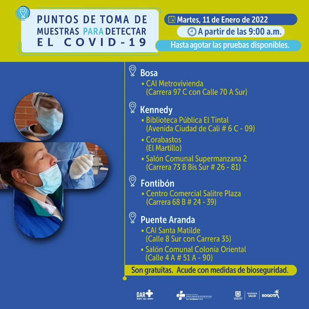 Puntos habilitados para hacerse la prueba COVID-19 este martes La Secretaría de Salud, para este martes 11 de enero, habilitó diferentes puntos donde la ciudadanía podrá realizarse la prueba PCR de manera gratuita y segura.
