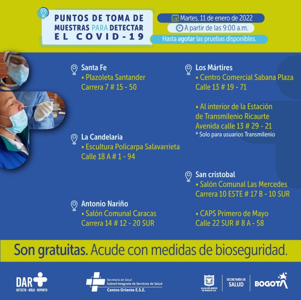 Puntos habilitados para hacerse la prueba COVID-19 este martes La Secretaría de Salud, para este martes 11 de enero, habilitó diferentes puntos donde la ciudadanía podrá realizarse la prueba PCR de manera gratuita y segura.