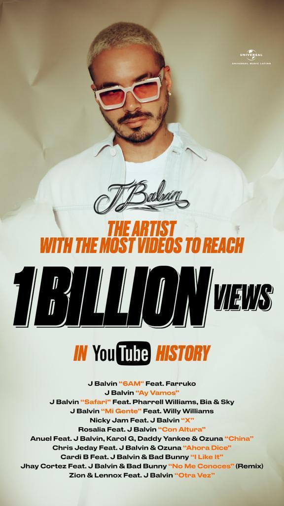 J Balvin, el artista del billón de visitas en YouTube 1 J Balvin, el artista del billón de visitas en YouTube José Álvaro Osorio, más conocido como J Balvin, hoy logró otro triunfo de nivel mundial: llegó al billón de reproducciones de sus videos en YouTube y se consagra como uno de los artistas que ha trascendido gustos, culturas y países.