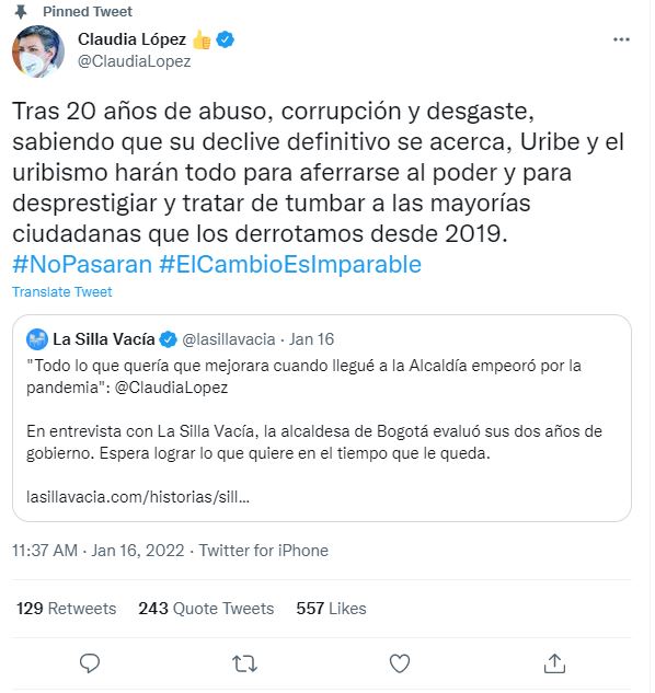 Acusan a Claudia López de participar en política 2 Acusan a Claudia López de participar en política Luego de conocerse la decisión del candidato del Centro Democrático, Óscar Iván Zuluaga, de no aceptar hacer parte de la coalición del Equipo Colombia, la alcaldesa de Bogotá, Claudia López, arremetió en su cuenta de Twitter contra el ex presidente Uribe y el uribismo, a quienes acusó de haber participado de 20 años de abuso y corrupción.