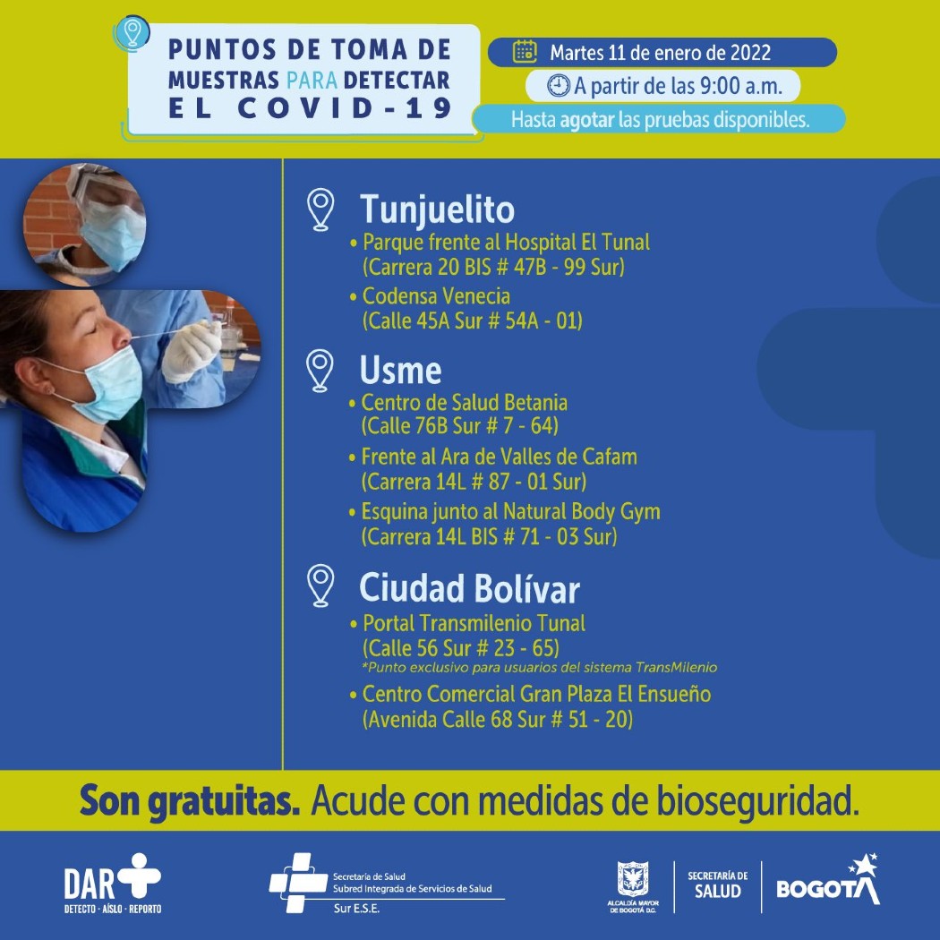 Puntos habilitados para hacerse la prueba COVID-19 este martes La Secretaría de Salud, para este martes 11 de enero, habilitó diferentes puntos donde la ciudadanía podrá realizarse la prueba PCR de manera gratuita y segura.