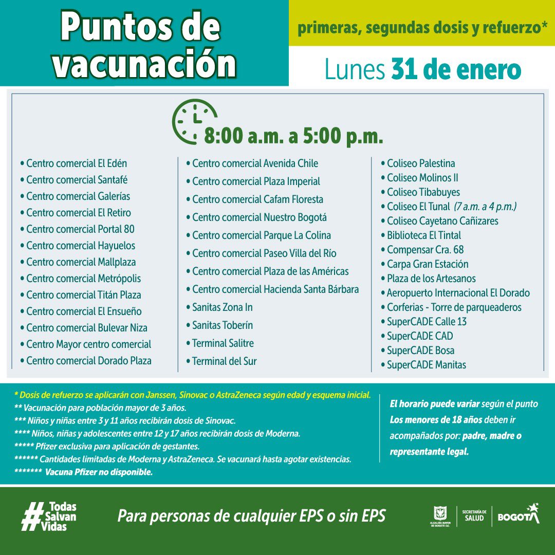 Puntos de vacunación contra el COVID para hoy lunes 1 Puntos de vacunación contra el COVID para hoy lunes Todos los días funcionan más de 30 puntos para la vacunación contra COVID-19 en la cuidad de Bogotá y hoy lunes 31 de enero de 2022, hasta las 5 de la tarde están habilitados para que la ciudadanía se acerque y complete su esquema de inmunización.