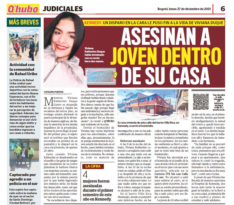 A la cárcel hombre por matar a su expareja en Kennedy 3 A la cárcel hombre por matar a su expareja en Kennedy En las últimas horas, la Fiscalía logró la judicialización de Héctor Camilo Fernández Ramírez, quien, según el ente investigador, es el responsable de haberle causado la muerte a su expareja sentimental en el mes de diciembre del año pasado.