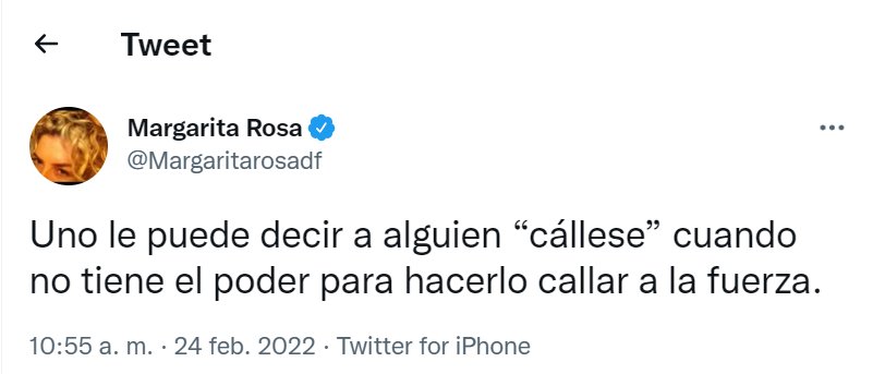 "Entonces cállese": Amparo Grisales arremete contra Margarita Rosa de Francisco Un gran alboroto se armó este jueves en Twitter, donde Margarita Rosa de Francisco compartió un inusual trino al que muchos seguidores reaccionaron, y cuestionaron si iba dirigido a alguien en especial.