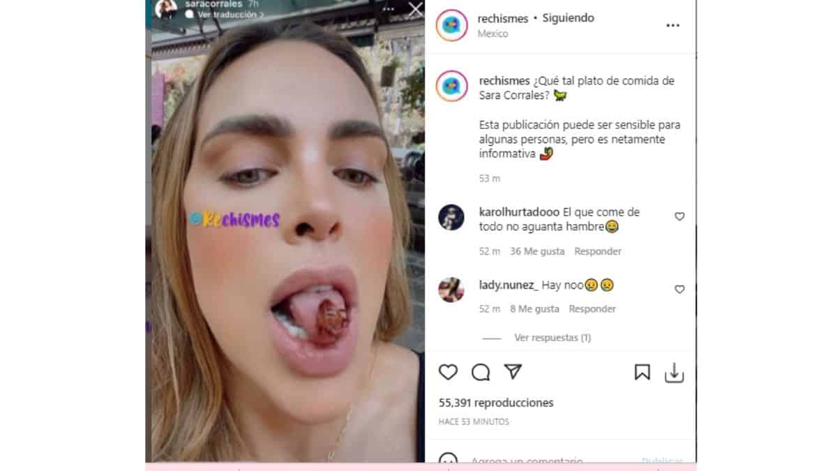 ¡Sara Corrales se atrevió a comer bichos! La actriz Sara Corrales, quien hace algunos años vive en México realizando diversos proyectos para su carrera profesional, mostró en sus redes sociales una nueva faceta, y es que se atrevió a comer bichos, más exactamente un plato típico de ese país, conocido como 'chapulines'.