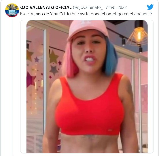 Vuelven las burlas por el 'desubicado' ombligo de Yina Calderón 3 Vuelven las burlas por el 'desubicado' ombligo de Yina Calderón Después de haber sido noticia en varias ocasiones por sus numerosas cirugías estéticas, Yina Calderón sorprendió en la redes tras aparecer en un top y sudadera roja; lo que que se robó la atención en este caso no fue su ropa ni lo que decía, sino la posición de su ombligo, que a simple vista está en una ubicación extraña.