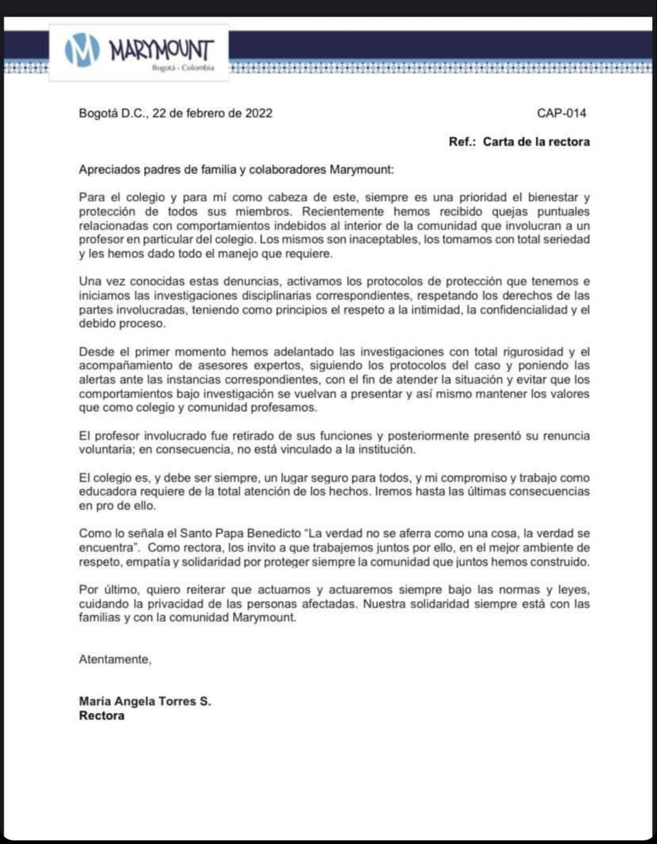 Denuncian nuevo caso de presunto abuso sexual en colegio de Bogotá 1 Denuncian nuevo caso de presunto abuso sexual en colegio de Bogotá Un nuevo caso de presunto abuso sexual se dio en una institución educativa de Bogotá, esta vez la denuncia es sobre un docente del colegio MaryMount, en Suba. La misma institución emitió un comunicado donde indica que varios padres de familia informaron que un profesor habría abusado de las estudiantes.