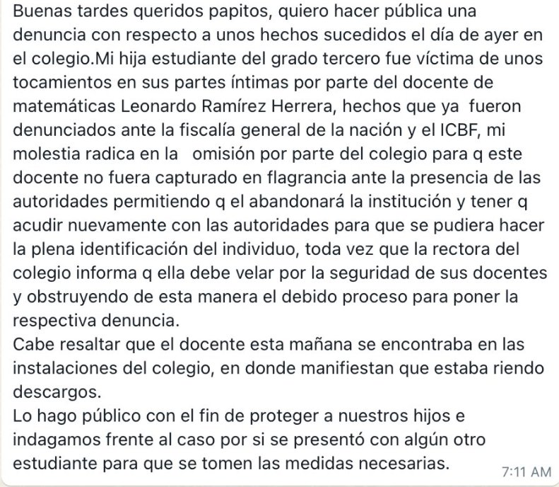 Denuncian presunto abuso sexual a estudiante de colegio en Engativá 1 Denuncian presunto abuso sexual a estudiante de colegio en Engativá A través de las redes sociales se conoció la denuncia de una madre que acusa a un docente del Colegio Colsubsidio Ciudadela por el abuso sexual de su hija de 9 años. Según lo indicó la mamá, el hombre realizó tocamientos inapropiados a la menor en sus partes íntimas.