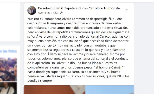 Otro excompañero le da palo al 'Hombre Caimán', y este se defiende 2 Otro excompañero le da palo al 'Hombre Caimán', y este se defiende Tras haberse conocido un video el pasado viernes en el que se veía al reconocido humorista Álvaro Lemmon, 'El Hombre Caimán', en calles de Santa Marta vendiendo mochilas y diciendo que pasaba por una situación económica difícil, sigue creciendo la polémica, y sus excompañeros de set salieron a cuestionar la situación, diciendo que no debe victimizarse, pues su situación no es como la está mostrando.