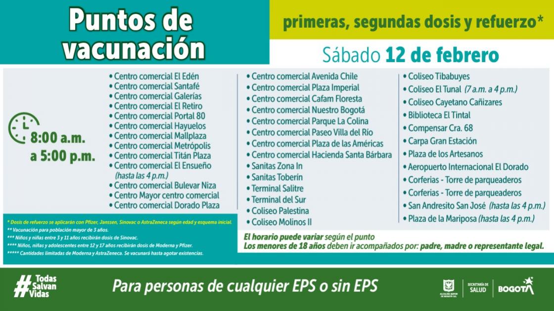 ¡Pilas! Estos son los puntos de vacunación para hoy 12 de febrero 1 ¡Pilas! Estos son los puntos de vacunación para hoy 12 de febrero Todos los días funcionan más de 30 puntos para la vacunación contra COVID-19 en la cuidad de Bogotá y hoy sábado 12 de febrero de 2022, hasta las 5 de la tarde están habilitados para que la ciudadanía se acerque y complete su esquema de inmunización.
