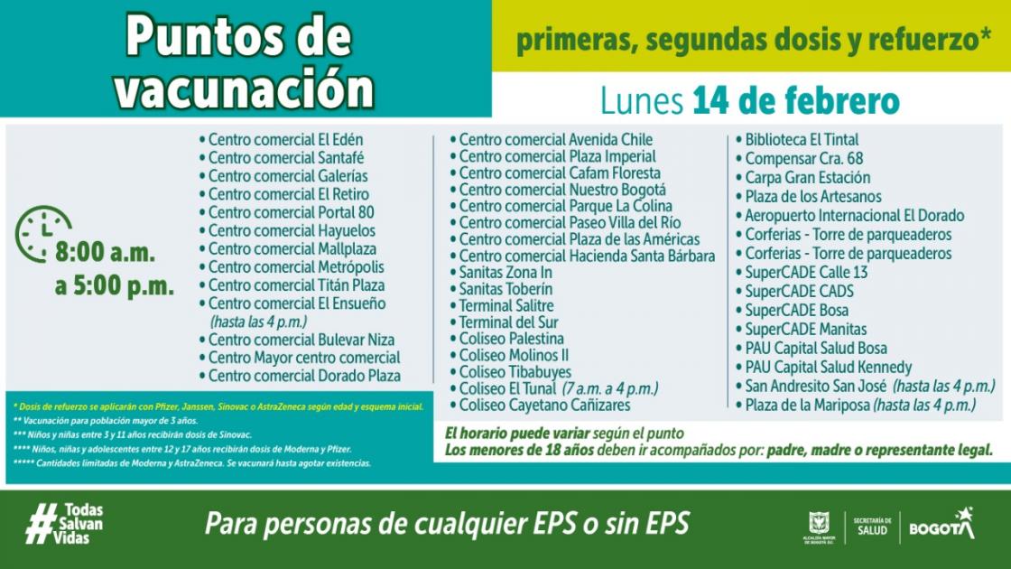Entérese de cuáles son los puntos de vacunación contra el COVID para hoy 1 Entérese de cuáles son los puntos de vacunación contra el COVID para hoy Todos los días funcionan más de 30 puntos para la vacunación contra COVID-19 en la cuidad de Bogotá y hoy sábado 14 de febrero de 2022, hasta las 5 de la tarde están habilitados para que la ciudadanía se acerque y complete su esquema de inmunización.