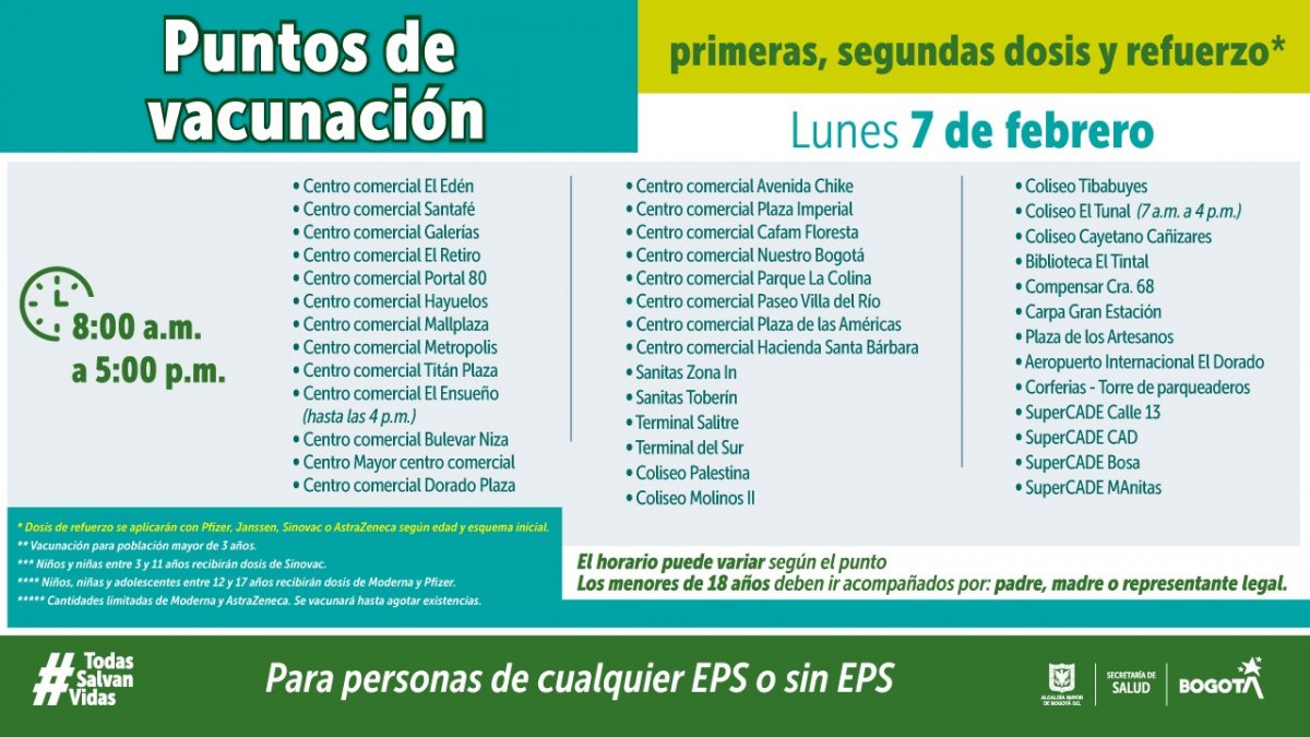 ¡Pilas! Estos son los puntos de vacunación para este lunes 7 de febrero 1 ¡Pilas! Estos son los puntos de vacunación para este lunes 7 de febrero Todos los días funcionan más de 30 puntos para la vacunación contra COVID-19 en la cuidad de Bogotá y hoy lunes 07 de febrero de 2022, hasta las 5 de la tarde están habilitados para que la ciudadanía se acerque y complete su esquema de inmunización.