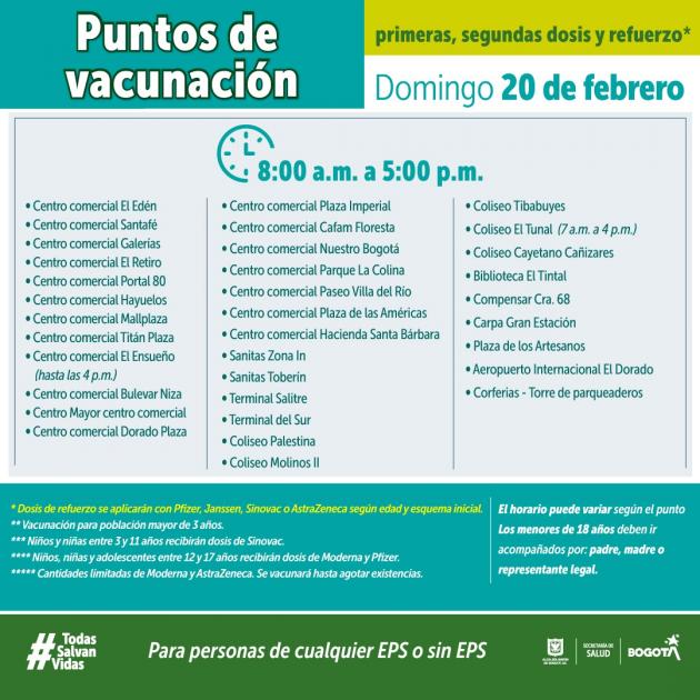 ¡Ojo! Entérese de los puntos de vacunación contra el COVID para hoy Todos los días funcionan más de 30 puntos para la vacunación contra COVID-19 en la cuidad de Bogotá y hoy domingo 20 de febrero de 2022, hasta las 5 de la tarde, estarán habilitados para que la ciudadanía se acerque y complete su esquema de inmunización.