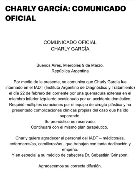 Charly García, hospitalizado por accidente casero 1 Charly García, hospitalizado por accidente casero La figura argentina y artista insignia del rock en español, Charly García, se encuentra hospitalizado en Buenos Aires con pronóstico reservado tras sufrir una fuerte quemadura en su pierna izquierda. El incidente, al parecer, se habría originado por un accidente doméstico.