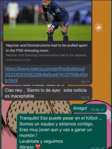 Neymar desmiente que se haya ido a las manos con Donnarumma 2 Neymar desmiente que se haya ido a las manos con Donnarumma Después de que el Paris Saint Germain cayera 3-1 contra el Real Madrid con una inesperada remontada en los octavos de final de la 'Champions League', el brasileño Neymar salió a aclarar el malentendido que se había generado con su compañero y portero, Gianluigi Donnarumma.