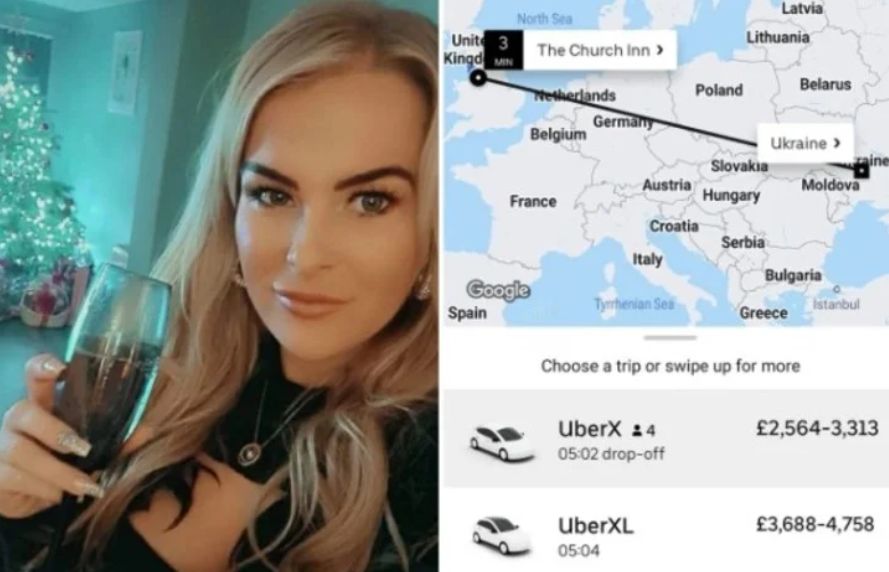 Mujer ebria pidió un Uber con destino a Ucrania para ir a ayudar Una mujer identificada como Leoni Fildes, quien vive en Inglaterra, en medio de una borrachera, solicitó un servicio de Uber para que la llevara hasta Ucrania con el fin de ir a ayudar, sin embargo, el servicio no se pudo concretar, ya que no contaba con los fondos para hacer el largo trayecto.