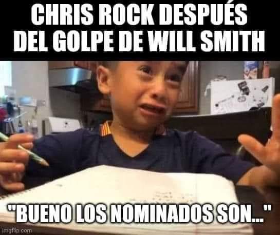 Los memes que dejó la cachetada de Will Smith a Chris Rock 3 Los memes que dejó la cachetada de Will Smith a Chris Rock Un momento épico y muy incómodo se vivió en la edición número 94 de los Premios Óscar, cuando Will Smith golpeó al comediante Chris Rock, luego de que hizo una broma sobre su esposa.
