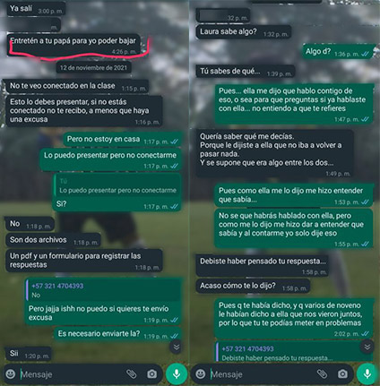 Los picantes chats de la profe señalada de abuso con su alumno 3 Los picantes chats de la profe señalada de abuso con su alumno Este martes se dio a conocer la grave denuncia de una mujer, que, muy preocupada relató a medios de comunicación el caso del que su hijo, menor de edad, fue víctima. Según sus palabras, una docente de inglés del Colegio Minuto de Dios, ubicado en la localidad de Engativá, abusó sexualmente de él.
