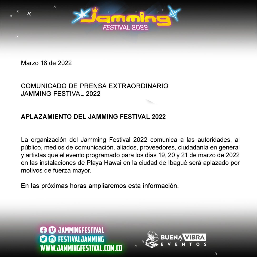 Jóvenes emprendedores piden ayuda ante cancelación del Jamming Festival 2 Jóvenes emprendedores piden ayuda ante cancelación del Jamming Festival Entre los afectados se encuentran Lina Forero y Duván Acosta, dos jóvenes ibaguereños que, tras la pandemia, lograron ubicar una sede de Anthoas Burger en la capital del Tolima, un emprendimiento dedicado a la venta de comidas rápidas y que tenía la esperanza de estar presente en el festival, luego de realizar una inversión cercana a los 60 millones de pesos.