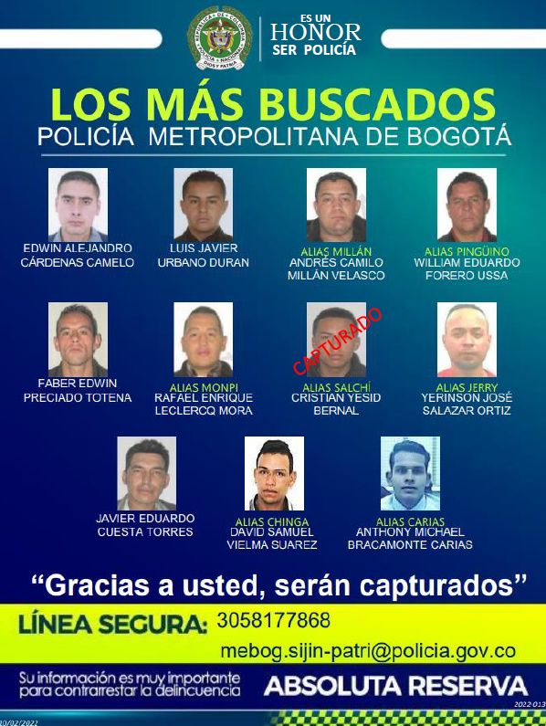 Este es el cartel de los homicidas más buscados de Bogotá 2 Este es el cartel de los homicidas más buscados de Bogotá Hace pocos minutos, en medio de un Consejo de Seguridad liderado por la alcaldesa Claudia López, en conjunto con autoridades del Distrito y de la Policía Metropolitana de Bogotá, se hicieron públicos los carteles de los homicidas y los ladrones más buscados de la ciudad.