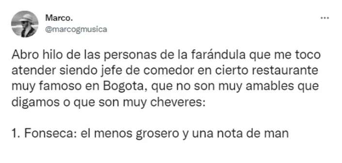 Mesero expuso cuáles famosos se han portado mal en famoso restaurante 2 Mesero expuso cuáles famosos se han portado mal en famoso restaurante Un mesero del reconocido restaurante Andrés DC, en el norte de Bogotá, 'boleteó' en redes sociales a algunos famosos que le tocó atender mientras trabajó en el lugar.