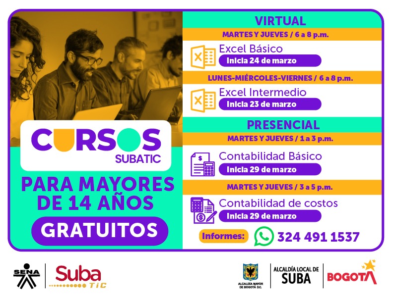 ¡Pilas! hay cursos gratuitos de Excel y contabilidad en Suba 1 ¡Pilas! hay cursos gratuitos de Excel y contabilidad en Suba La duración de los cursos gratuitos es de 20, 40 o 60 horas, es decir, tres semanas aproximadamente, dependiendo del horario y la metodología del instructor que dictará las clases.