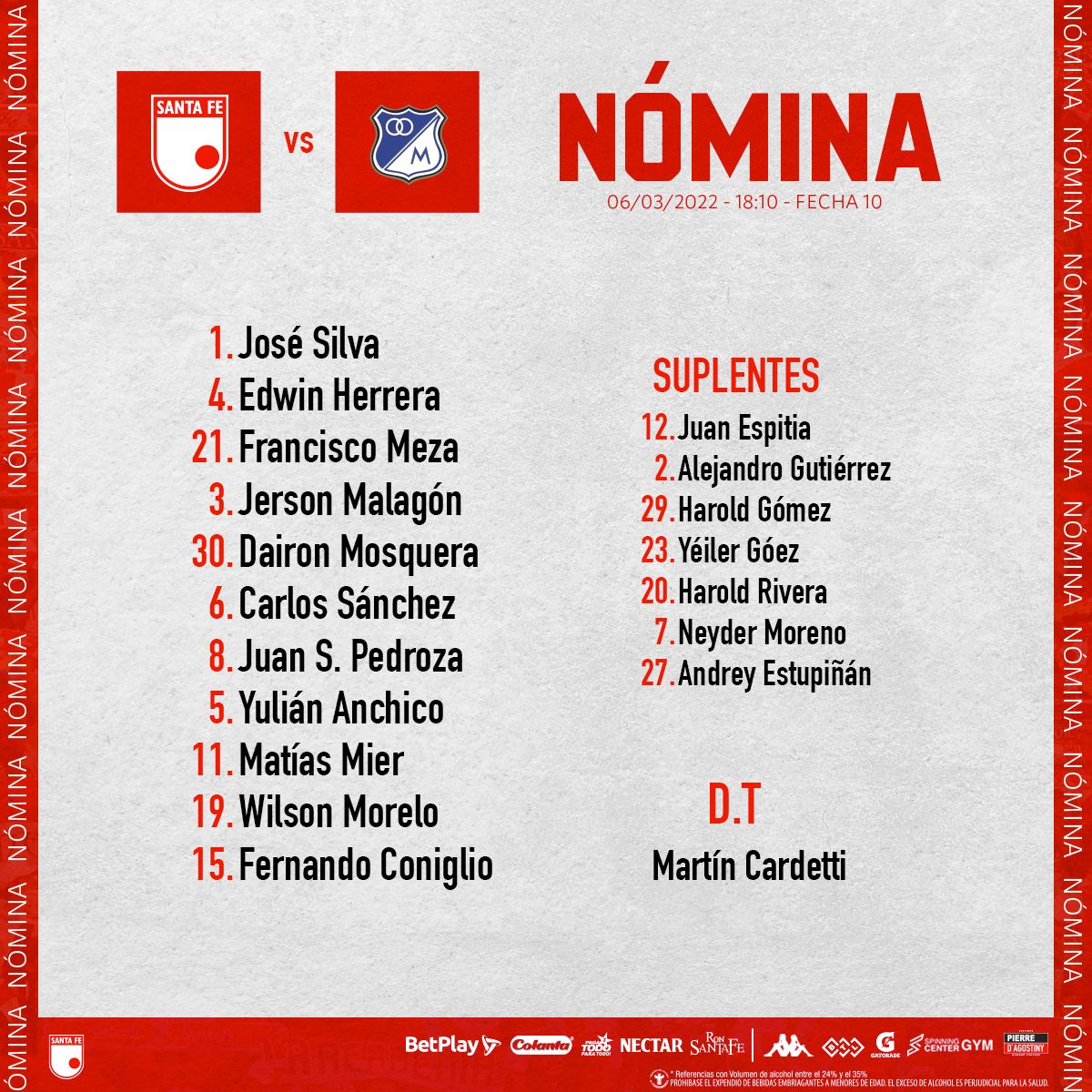 ¡Atención! Estas son las nóminas de Santa Fe y Millonarios para el clásico Esta tarde (6:10 p. m.), en el estadio El Campín, se jugará el clásico capitalino entre Santa Fe y Millonarios. Un duelo que espera ser parejo, debido a la necesidad de ambas escuadras por sumar de a tres unidades, tras los malos resultados en los últimos días.