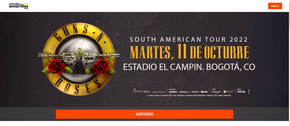En tan solo una hora se agotaron las boletas de los Guns N´Roses 1 En tan solo una hora se agotaron las boletas de los Guns N´Roses Como si fuera pan caliente, en tan solo una hora se agotaron las entradas para ver a los Guns N´Roses en el Estadio El Campín de Bogotá, el próximo 11 de octubre.