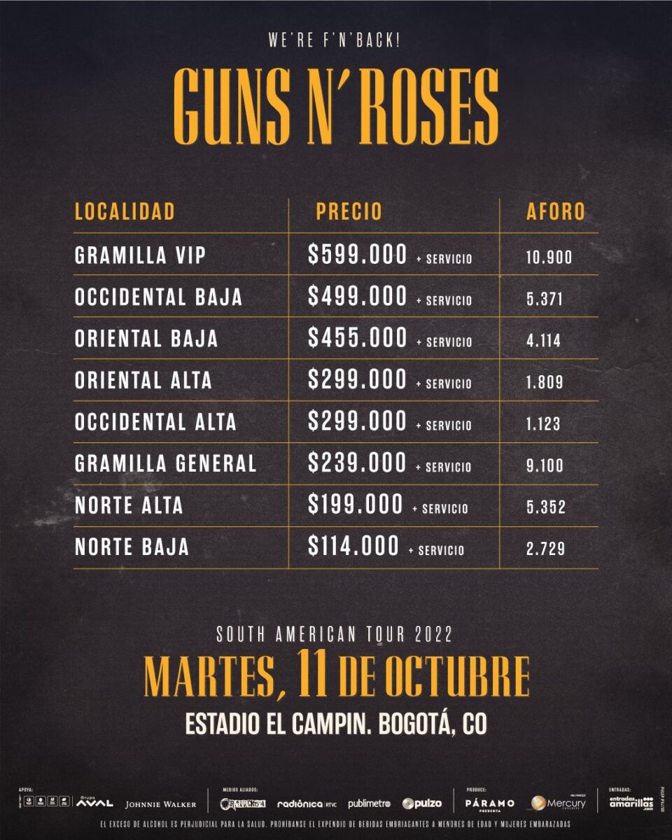 Haga cuentas para el concierto de Guns N' Roses 1 Haga cuentas para el concierto de Guns N' Roses Si usted es un amante del rock y no se quiere perder la oportunidad de ver a los Guns N' Roses en Bogotá, hoy le contamos los precios para el concierto que se va realizar el 11 de octubre en el estadio Nemesio Camacho El Campín.