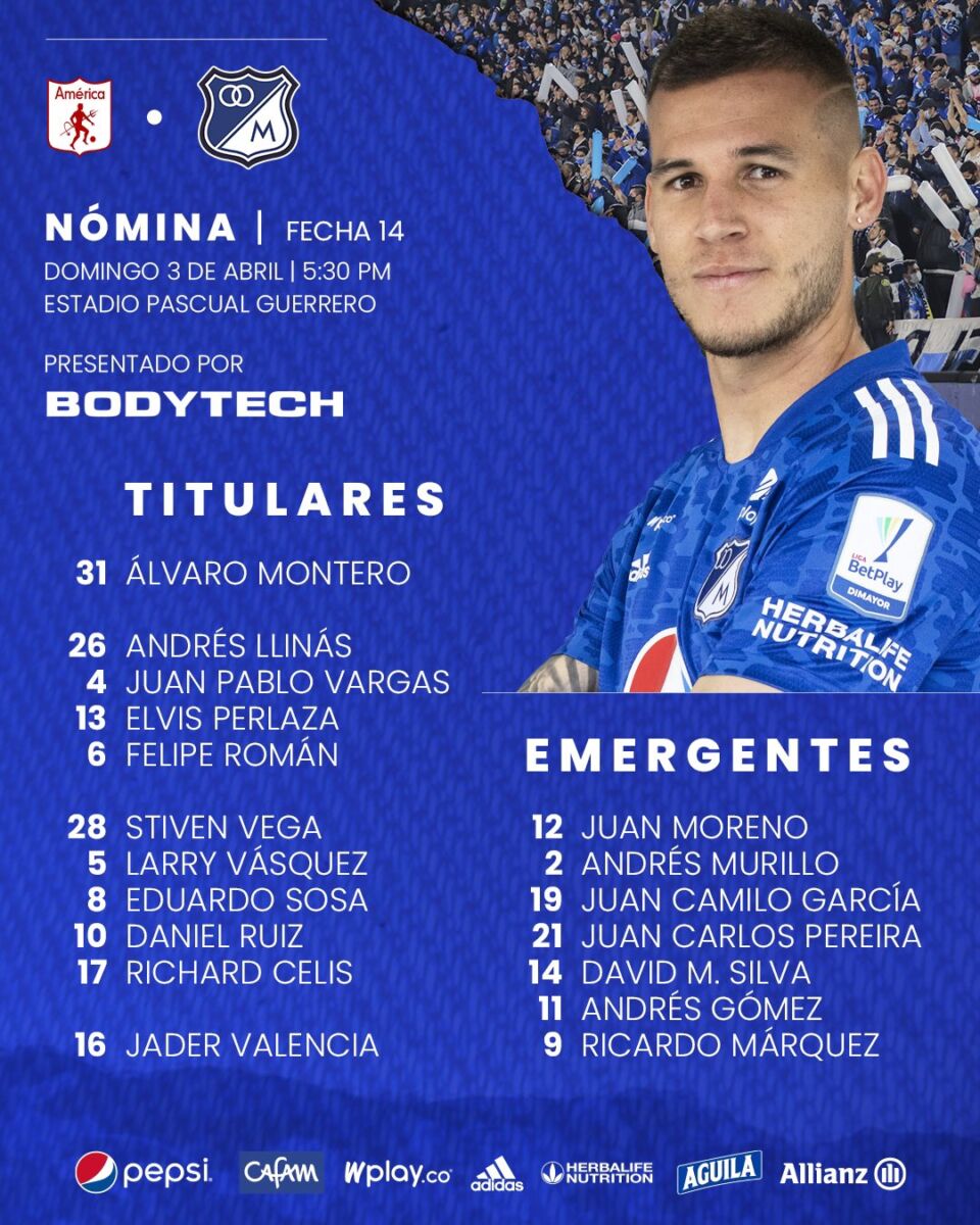 Esta es la nómina de Millonarios para enfrentar al América Millonarios tendrá esta tarde (5:30 p.m.), en Liga, un duro partido como visitante frente a un dolido América de Cali, que llegará a este duelo sin técnico, pues Juan Carlos Osorio finalmente dio un paso al costado. Pompilio Páez dirigirá en su reemplazo.