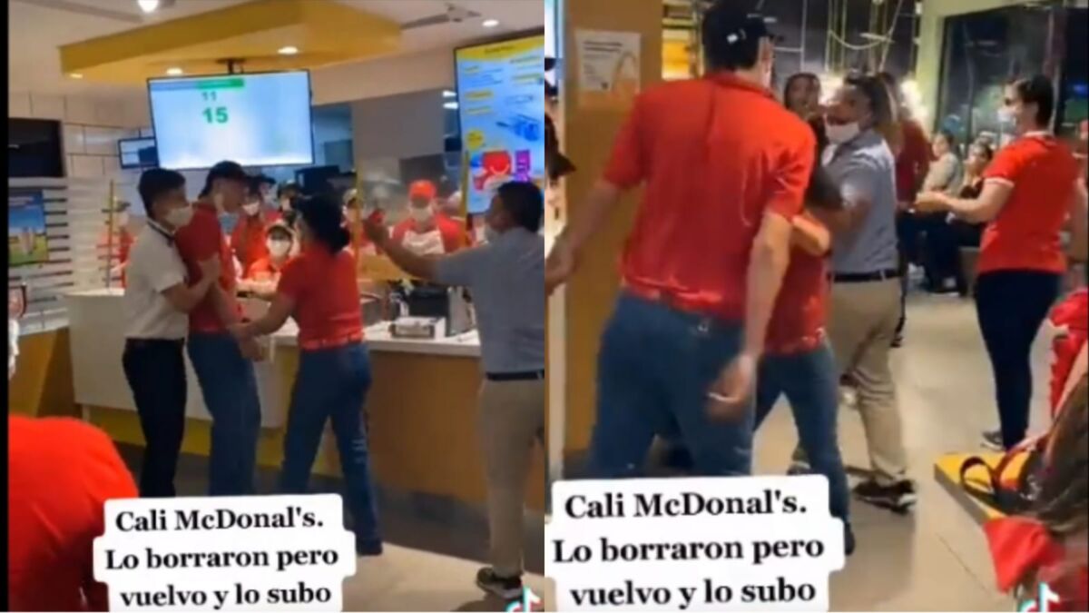 EN VIDEO: El fuerte agarrón entre cliente y empleado en un McDonald's 10 EN VIDEO: El fuerte agarrón entre cliente y empleado en un McDonald's En video quedó registrado como un empleado y un cliente por poco se van a los golpes, por lo que los espectadores y demás trabajadores tuvieron que intervenir en la fuerte riña que se presentó en un McDonald's en la ciudad de Cali.