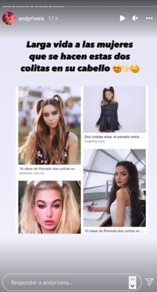A Andy Rivera le gustan las colitas de Lina Tejeiro 1 A Andy Rivera le gustan las colitas de Lina Tejeiro El cantante de música urbana Andy Rivera, quien es muy activo en sus redes sociales, recientemente en sus historias de Instagram, publicó una foto donde indica que le gustan las mujeres con un peinado en particular, unas colitas, muy parecidas por no decir que iguales a las que se hace su ex pareja, la actriz Lina Tejeiro.