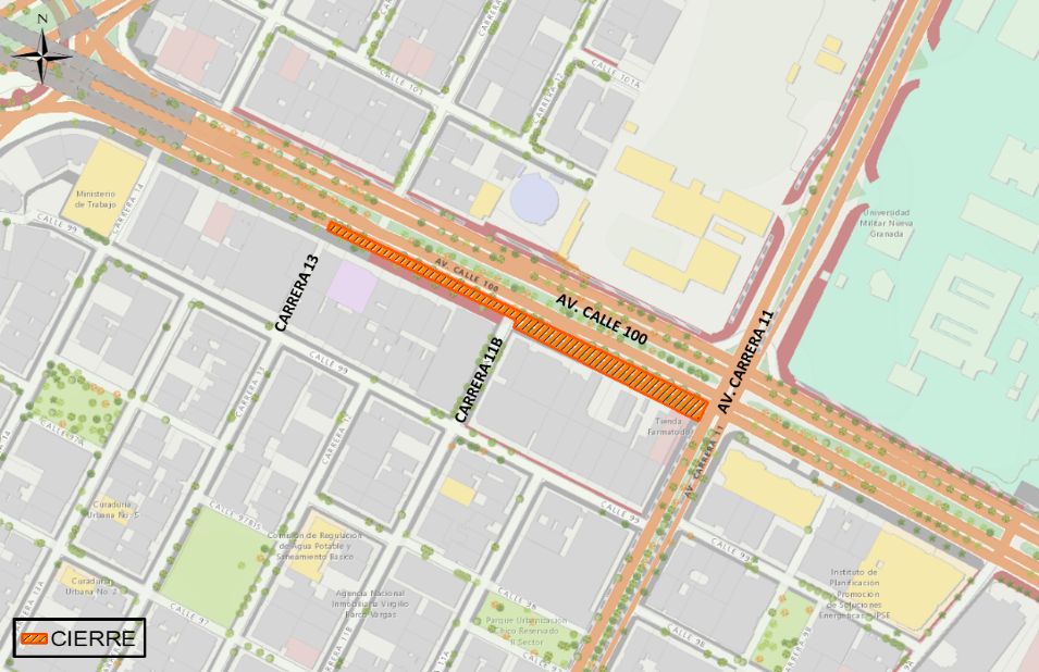 ¡Pilas! Así será el cierre de la calle 100 entre carreras 13 y 11 1 ¡Pilas! Así será el cierre de la calle 100 entre carreras 13 y 11 Tras un informe publicado por la Secretaría Distrital de Movilidad, la entidad comunicó el cierre total de la calzada lenta en sentido Occidente de la calle 100 entre la carrera 13 y la carrera 11, con el fin de continuar con la obra de construcción de la troncal de Transmilenio de la 68.