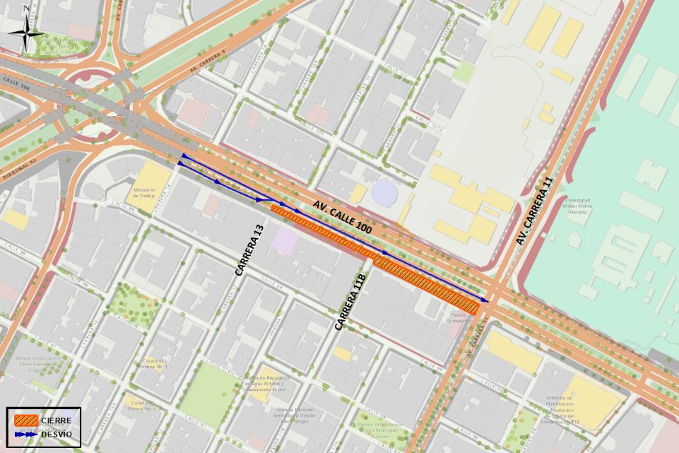¡Pilas! Así será el cierre de la calle 100 entre carreras 13 y 11 2 ¡Pilas! Así será el cierre de la calle 100 entre carreras 13 y 11 Tras un informe publicado por la Secretaría Distrital de Movilidad, la entidad comunicó el cierre total de la calzada lenta en sentido Occidente de la calle 100 entre la carrera 13 y la carrera 11, con el fin de continuar con la obra de construcción de la troncal de Transmilenio de la 68.