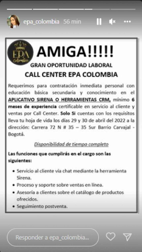 'Epa Colombia' lanza convocatoria laboral para bachilleres 1 'Epa Colombia' lanza convocatoria laboral para bachilleres La Empresaria y creadora de contenido conocida como 'Epa Colombia' por medio de sus redes sociales dio a conocer que abrió una oferta laboral en su empresa de productos como keratinas y champús.