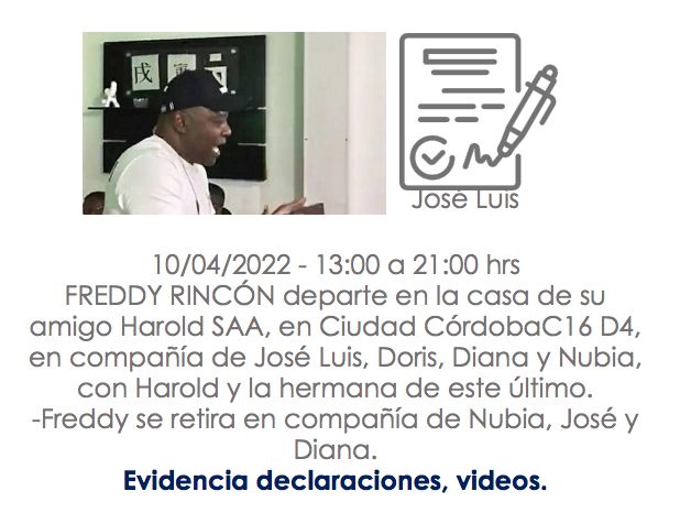 El minuto a minuto de Rincón y sus acompañantes previo al accidente 1 El minuto a minuto de Rincón y sus acompañantes previo al accidente La Fiscalía presentó este viernes una línea cronológica en la que detalló minuto a minuto las últimas horas de vida del exfutbolista Freddy Eusebio Rincón Valencia, quien murió la noche del pasado 13 de abril, dos días después de sufrir un aparatoso accidente de tránsito en su camioneta en Cali, la cual iba conduciendo según informó el ente investigativo.