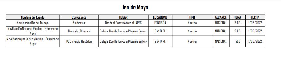 ¡Pilas! Estos son los puntos de encuentro para las marchas de hoy 3 ¡Pilas! Estos son los puntos de encuentro para las marchas de hoy La Secretaria Distrital de Gobierno informó de al menos 24 convocatorias formales de eventos culturales, marchas y plantones en distintos puntos de la ciudad para conmemorar la fecha en la que inició la movilización social de hace un año.