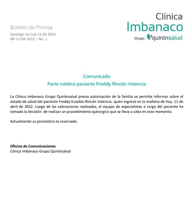 Se agrava el estado de salud de Freddy Rincón Hace pocos minutos la clínica Imbanaco de Cali, en donde se encuentra hospitalizado Freddy Rincón, dio el nuevo parte médico del estado de salud del exfutbolista, noticias que son desalentadoras para sus seres queridos y seguidores.