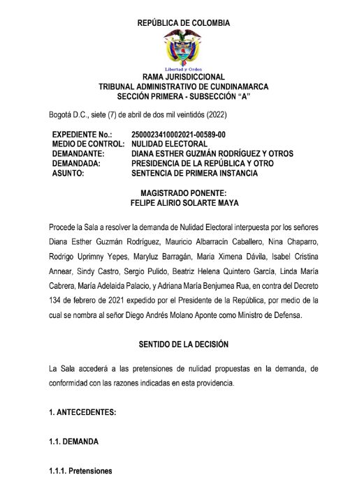 Tumban nombramiento del Ministro de Defensa 2 Tumban nombramiento del Ministro de Defensa El Tribunal Administrativo de Cundinamarca tumbó el nombramiento del Ministro de Defensa Diego Molano, la tarde de este miércoles.