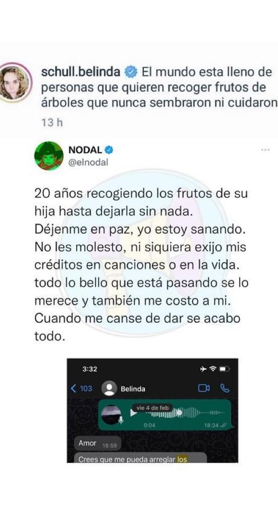 Nodal revela chat con Belinda en el que le pide costoso 'regalito' 1 Nodal revela chat con Belinda en el que le pide costoso 'regalito' La ruptura amorosa entre los cantantes Christian Nodal y Belinda ha causado polémica y ha dado mucho de qué hablar entre los fans de ambos artistas, tanto así que nuevamente el cantante mexicano tuvo que salir a aclarar rumores.