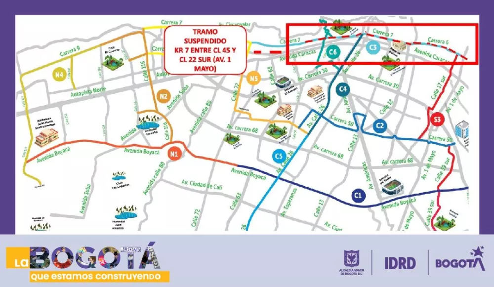 ¡Pilas! Estos son los puntos de encuentro para las marchas de hoy 1 ¡Pilas! Estos son los puntos de encuentro para las marchas de hoy Con unos cambios en los tramos de la ciclovía en Bogotá, el Instituto Distrital de Recreación y Deporte (IDRD) informó a la ciudadanía que debido al desarrollo de las marchas del Día del trabajo, se suspenderá el transito sobre la carrera séptima entre las calles 45 y 22 sur, al igual que la avenida 1 de mayo.