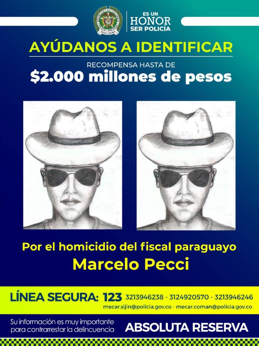 Revelan retrato hablado del presunto asesino del fiscal paraguayo 1 Revelan retrato hablado del presunto asesino del fiscal paraguayo La Policía reveló el retrato hablado de uno de los presuntos autores del asesinato del fiscal Marcelo Pecci, con base en algunas grabaciones de las cámaras de seguridad, en las que se ve a un sujeto con sombrero blanco con cinta negra y gafas oscuras.