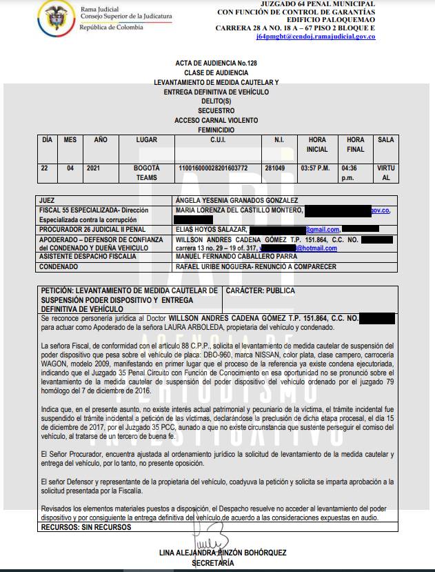 Familia de Rafael Uribe pide que les devuelvan carro en que raptaron a Yuliana 2 Familia de Rafael Uribe pide que les devuelvan carro en que raptaron a Yuliana Cinco años y medio han transcurrido desde aquel 4 de diciembre de 2016, cuando una camioneta Nissan X-Trail de placas DBO-960, conducida por Rafael Uribe Noguera, llegó hasta el humilde barrio Bosque Calderón (ubicado en la parte alta de Chapinero) y raptó a la pequeña Yuliana Samboní, de tan solo 7 añitos.