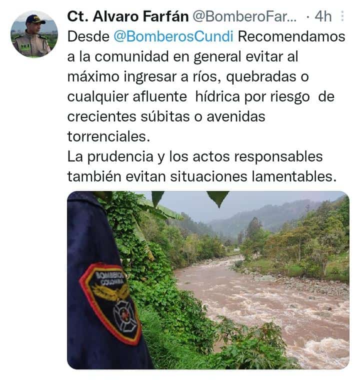 Bomberos advierten no ir a ríos ni quebradas este fin de semana 2 Bomberos advierten no ir a ríos ni quebradas este fin de semana Los Bomberos de Cundinamarca advierten a todas las personas que viajan este fin de semana, no acudir a quebradas ni ríos, ya que por las fuertes lluvias se pueden presentar crecientes y accidentes.